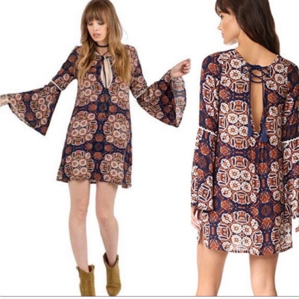Cleobella Klyn Flare Sleeve Patterned Boho Mini Dress SIZE SMALL